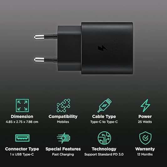 complete set of samsung 25watt (100% confirmed) super fast charger with usb tpye-c to type-c cable.usable for all 25watt supported samsung s21, s21+,s21ultra and more devices. premium quality.high quality. 25w usb type-c to type-c . best charger.
