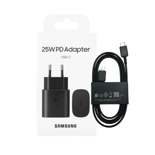 complete set of samsung 25watt (100% confirmed) super fast charger with usb tpye-c to type-c cable.usable for all 25watt supported samsung s21, s21+,s21ultra and more devices. premium quality.high quality. 25w usb type-c to type-c . best charger.