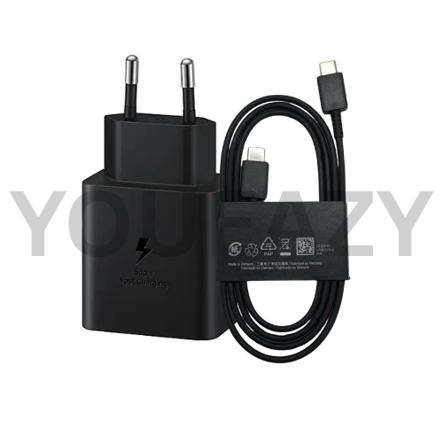 complete set of samsung 45watt (100% confirmed) super fast charger with usb tpye-c to type-c cable. for samsung s21 ultra, s22 ultra+,s23 ultra,s24 ultra,s25 ultra and more devices. premium quality.high quality. 45w usb type-c to type-c . best charger.