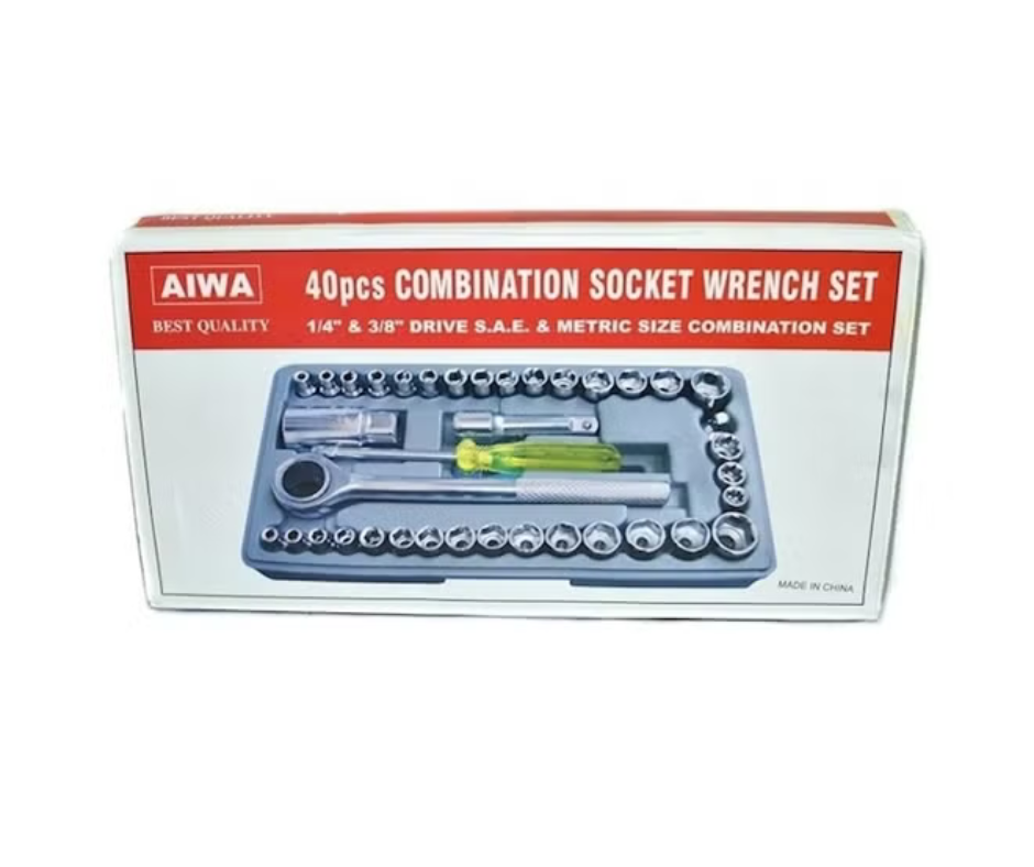 Aiwa 40 Piece Tool Kit Set Original Aiwa 40-Piece Tool Kit Set – Socket Ratchet Wrench, Screwdriver Bits & Repair Tools. One complete toolkit for home, car, bike & everyday repairs