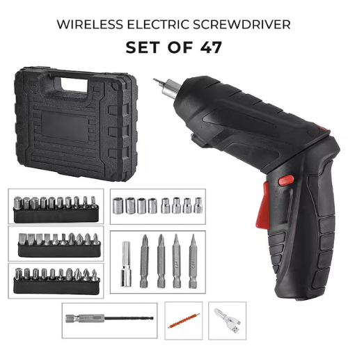 47-in-1 Cordless Electric Screwdriver Kit with Rechargeable Battery, Rotatable Handle & LED Light for Home Repair, Electronics & DIY