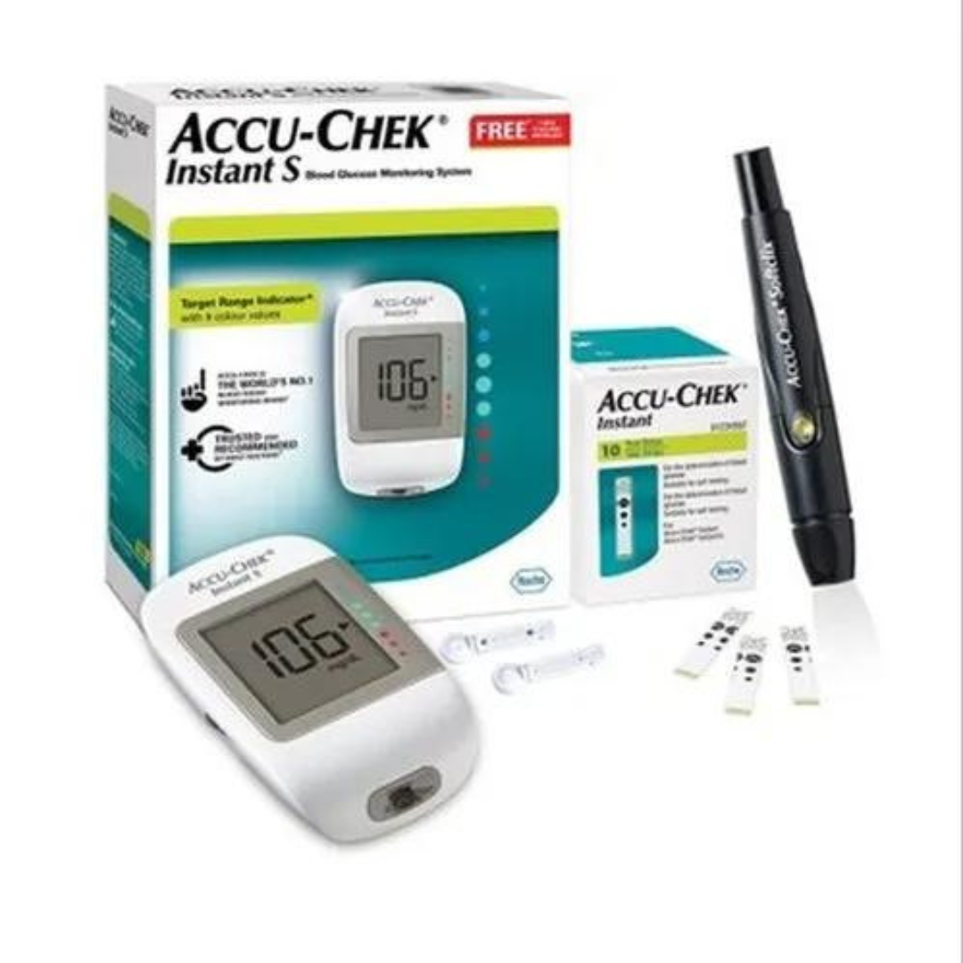 Accu Chek Instant S GLUCOMETER BLOOD GLUCOSE CHECKER MACHINESUGAR MACHINE WITH 10 FREE TEST STRIPS