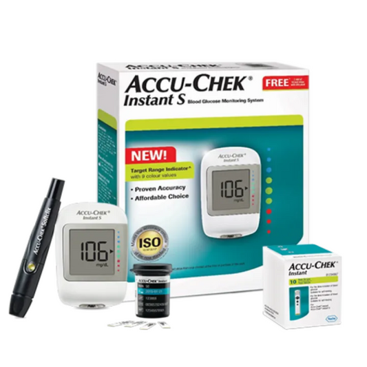 Accu Chek Instant S GLUCOMETER BLOOD GLUCOSE CHECKER MACHINESUGAR MACHINE WITH 10 FREE TEST STRIPS