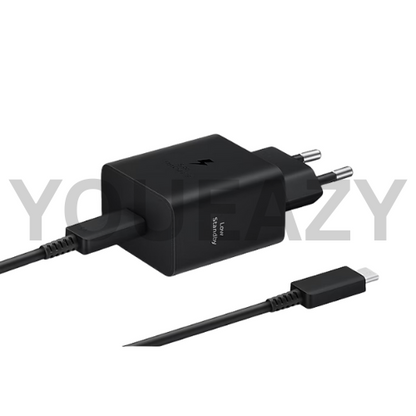 complete set of samsung 45watt (100% confirmed) super fast charger with usb tpye-c to type-c cable. for samsung s21 ultra, s22 ultra+,s23 ultra,s24 ultra,s25 ultra and more devices. premium quality.high quality. 45w usb type-c to type-c . best charger.