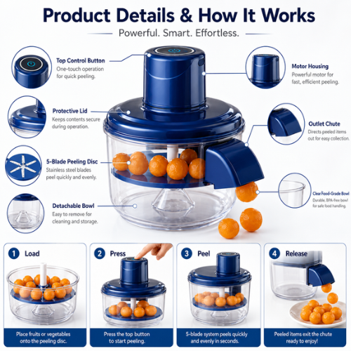 Rechargeable Electric Vegetable and Fruits Peeler Portable automatic peeler for garlic, small fruits, and vegetables, offering fast peeling with easy one-button operation.