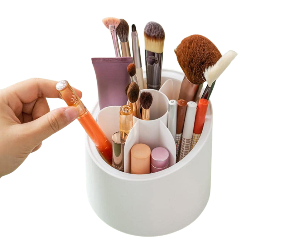 360° Rotating Makeup Brush Storage Box, Transparent Dustproof Cosmetic Organizer with 7 Slots, Portable Desktop Holder for Makeup Brushes, Lipsticks & Pens, Display Stand for Bedroom Dresser, Bathroom Countertop & Vanity Table