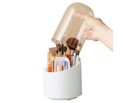 360° Rotating Makeup Brush Storage Box, Transparent Dustproof Cosmetic Organizer with 7 Slots, Portable Desktop Holder for Makeup Brushes, Lipsticks & Pens, Display Stand for Bedroom Dresser, Bathroom Countertop & Vanity Table