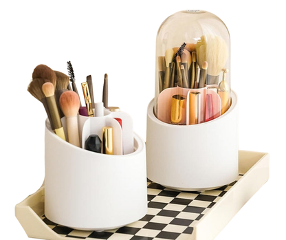 360° Rotating Makeup Brush Storage Box, Transparent Dustproof Cosmetic Organizer with 7 Slots, Portable Desktop Holder for Makeup Brushes, Lipsticks & Pens, Display Stand for Bedroom Dresser, Bathroom Countertop & Vanity Table