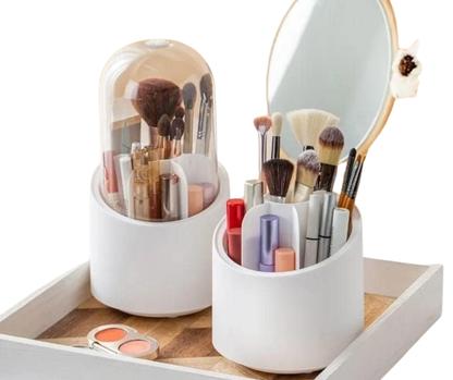 360° Rotating Makeup Brush Storage Box, Transparent Dustproof Cosmetic Organizer with 7 Slots, Portable Desktop Holder for Makeup Brushes, Lipsticks & Pens, Display Stand for Bedroom Dresser, Bathroom Countertop & Vanity Table