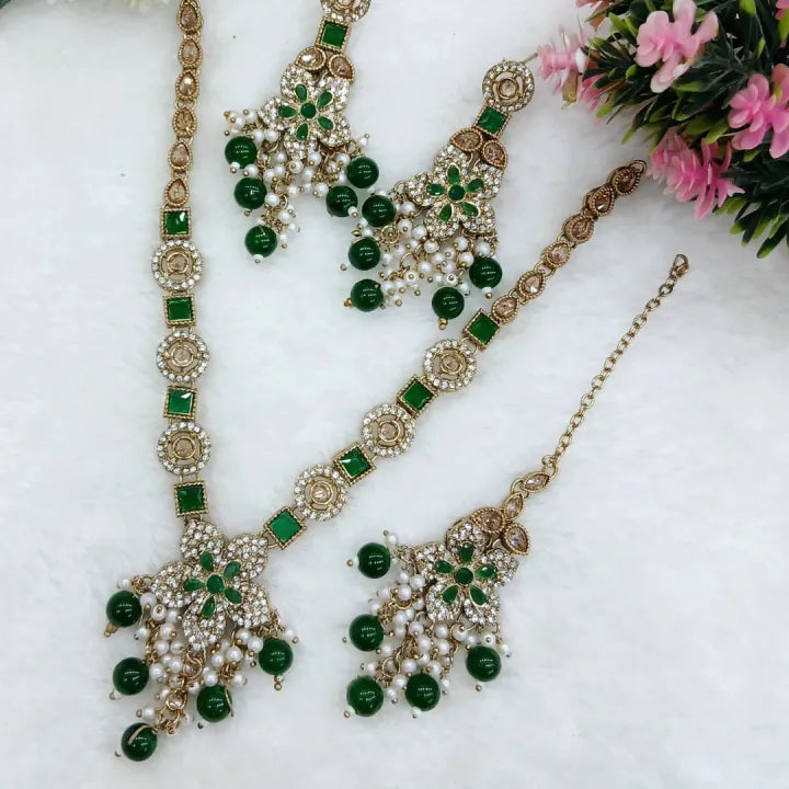 New elegant formal necklace beautiful nagena and stones work high quality mhndi polish with matching earrings and tika