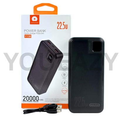 WUW Y138 20,000mAh PD 22.5W High-Speed Charging Universal Power Bank – USB-C Input/Output, Large Capacity, Portable Design