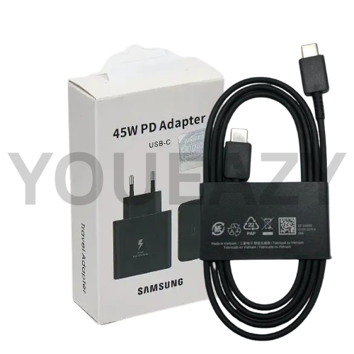 complete set of samsung 45watt (100% confirmed) super fast charger with usb tpye-c to type-c cable. for samsung s21 ultra, s22 ultra+,s23 ultra,s24 ultra,s25 ultra and more devices. premium quality.high quality. 45w usb type-c to type-c . best charger.