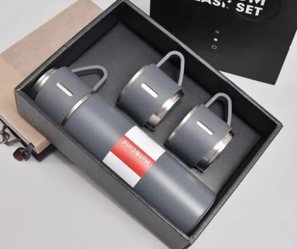 Stainless Steel Vacuum Insulated Thermos 500ml (3PCS) with 2 Cups – Hot & Cold Bottle Travel Set.steel water bottle, vacuum flask, thermos bottle, hot cold bottle, travel flask set