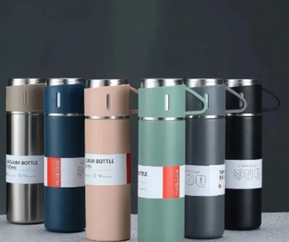 Stainless Steel Vacuum Insulated Thermos 500ml (3PCS) with 2 Cups – Hot & Cold Bottle Travel Set.steel water bottle, vacuum flask, thermos bottle, hot cold bottle, travel flask set